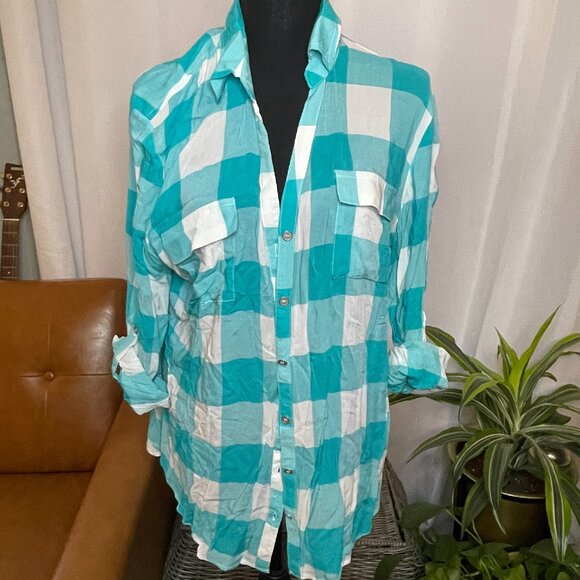 Teal Checkered Button Up Blouse - Picture 1 of 3